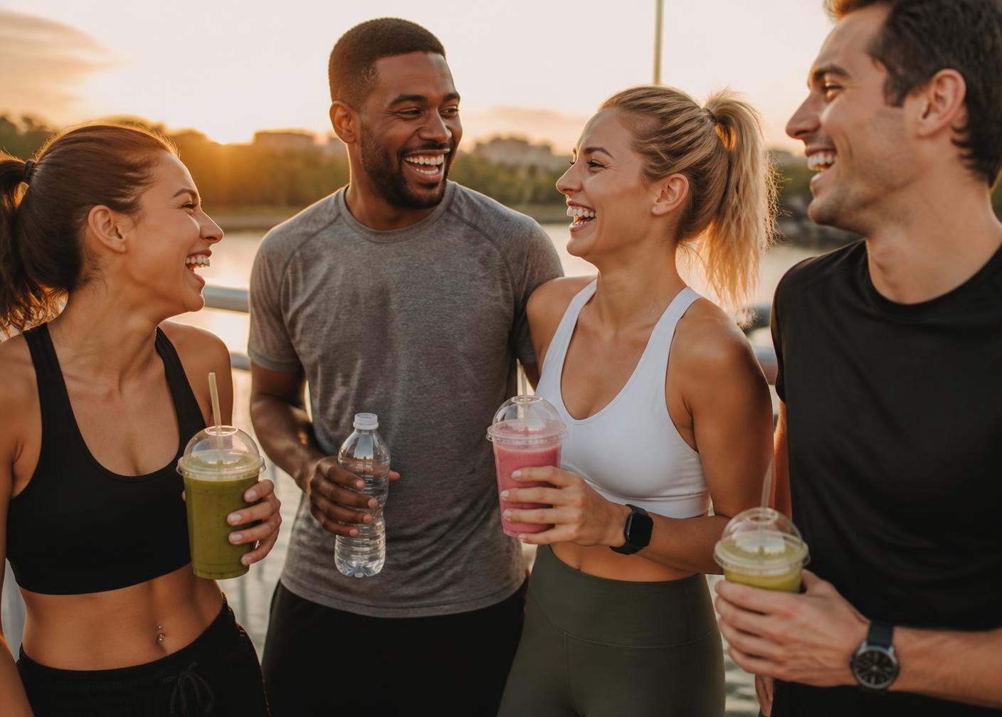 Friends laughing with smoothies after a run
