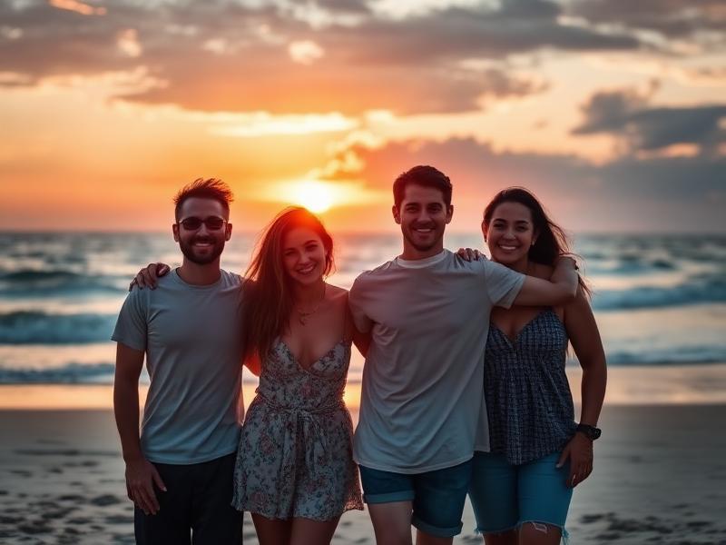 Friends on the beach at sunset after an OFFLINE social