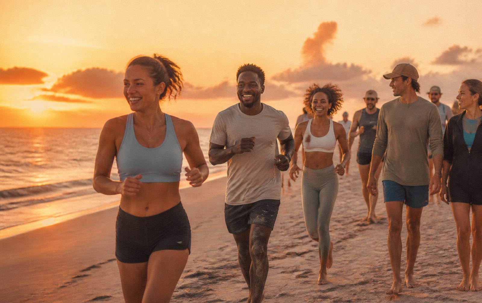 Community members running together at sunrise on the beach